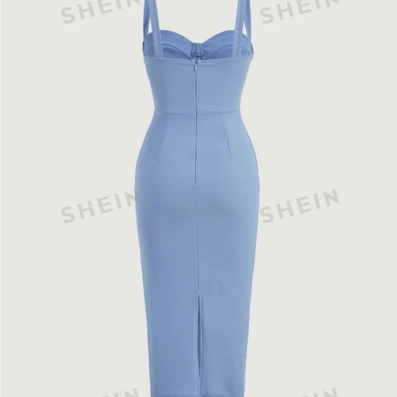 Split Back Bodycon Blue Slim-Fitting Bust-Cup Hip Midi Dress - Size 8/10 Large - Picture 2 of 2